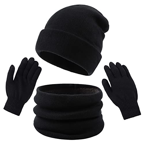 XIAOHAWANG Wintermütze Schal Touchscreen Handschuhe Set für Herren Damen Warmer Beanie mit Länger-Fleece Winter Strickmütze Ski Outdoor-Aktivitäten (Schwarz) von XIAOHAWANG