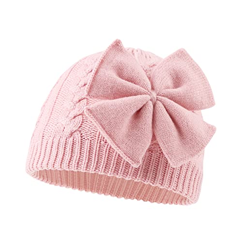 XIAOHAWANG Baby Mütze Mädchen Strickmütze Kinder Wintermütze Warm Kindermützen Mit Schleife (Rosa, Gr.S(0-6Monate) von XIAOHAWANG