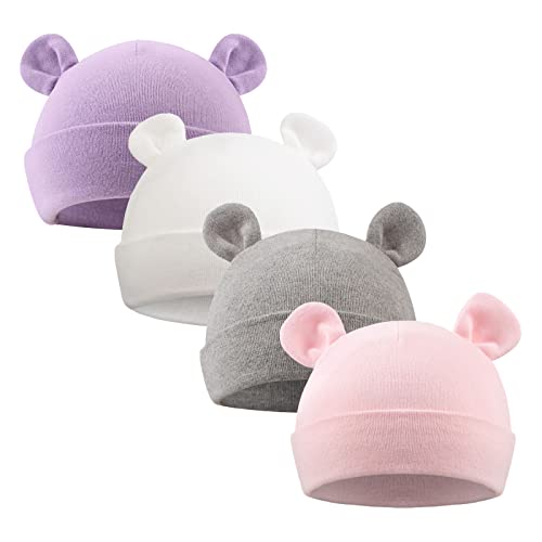 XIAOHAWANG Babymütze Neugeborene Mädchen Jungen Mütze Baby Beanie Baumwolle für 0-12 Monate Babys Unisex Erstlingsmütze (0-6Monate, Lila + Weiß + Rosa + Grau) von XIAOHAWANG