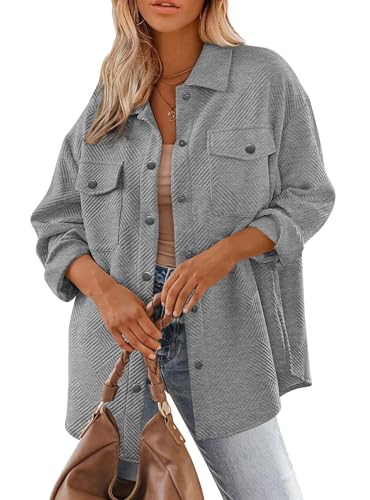 XIAOKS Damen Button-Down-Shacket-Jacken, Herbstkleidung, Kragen, Lange Ärmel, strukturiert, lockere Freizeitmode(Gray,S) von XIAOKS