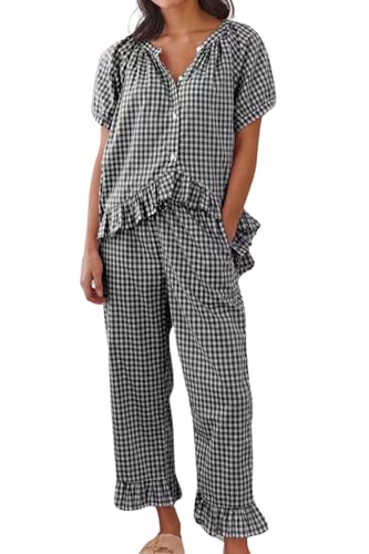 XIAOKS Damen-Pyjama-Set mit Gingham-Karomuster, 2-teilig, kurzärmeliges Babydoll-Shirt und Hose, Lounge-Set, süße Nachtwäsche(Black,XXL) von XIAOKS