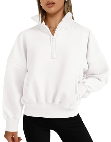XIAOKS Damen Sweatshirts mit halbem Reißverschluss, Hoodies, Trendige Langarmpullover, Tops for Herbst-Winter-Outfits mit Taschen(White,M) von XIAOKS