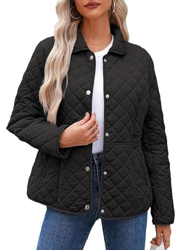 XIAOKS Damen Winter Steppjacke Langarm Button Down Diamond Puffer Jacke Oberbekleidung Mäntel mit Taschen(Black,XL) von XIAOKS