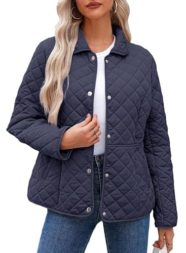 XIAOKS Damen Winter Steppjacke Langarm Button Down Diamond Puffer Jacke Oberbekleidung Mäntel mit Taschen(Blue,XL) von XIAOKS
