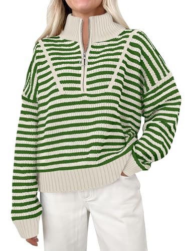 XIAOKS Gestreifter Damenpullover mit Langen Ärmeln, lässiger Strickpullover mit halbem Reißverschluss, Oberteile for den Herbst, bequem, lockerer Rippenpullover(Green,S) von XIAOKS