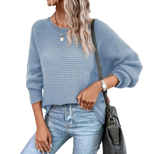 XIAOKS Womens Lightweight Sweaters Fall Outfits for Women Back Button Batwing Sleeve Oversized Pullover Sweaters Tops(Blue,XL) von XIAOKS