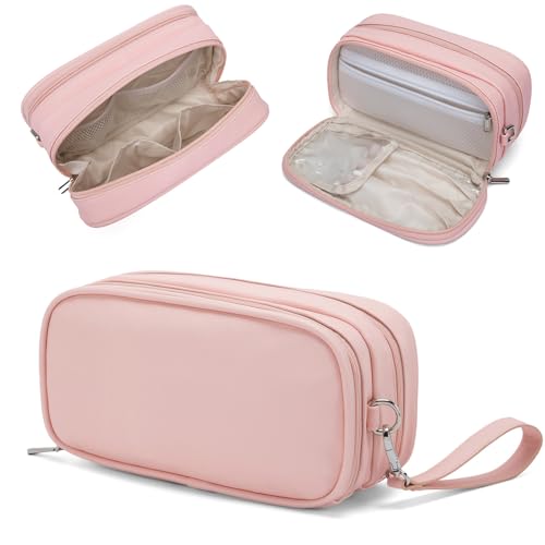 XIAOLER Make-up-Tasche für Damen, weit geöffneter Make-up-Organizer mit Make-up-Pinselhalter, wasserdichte Kosmetiktasche mit Fach, tragbare Kulturbeutel in Reisegröße, große Make-up-Tasche, Pink von XIAOLER