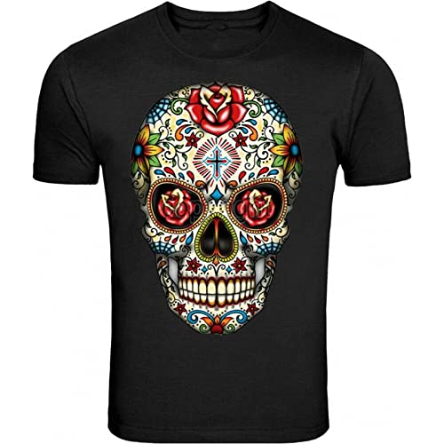 T-Shirt mit Totenkopf, Rosen, Augen, Tag der Toten, mexikanisches Gothic-Stil, Los Muertos, Weiß, Gelb, Schwarz, Rot, 100 % Baumwolle, XS-XXXL, Farbe20, L von XIAOLING