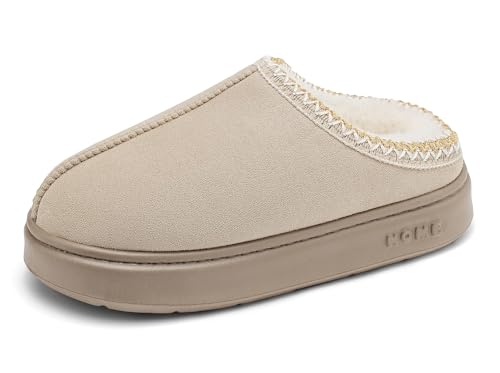 XIAOMAIDAM Hausschuhe für Damen, Wildleder, Schlafzimmer, Plateauschuhe, für drinnen und draußen, mit flauschigem Futter, harte Sohle, Beige, 9-10 von XIAOMAIDAM
