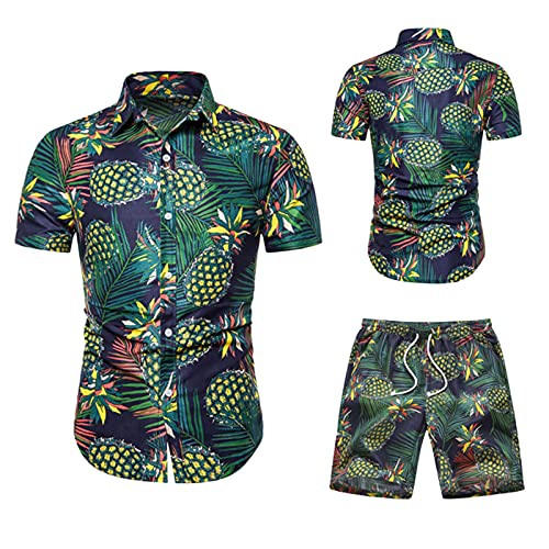 XIAOMEIO Ananas Drucken Hawaii Strandanzug Slim Fit Button Down Revers Skinny Hemd Herren Kurzarm Kurze Hosen Herren Mit Tunnelzug Schlafanzug Herren Kurz Jogginganzug sportanzug Tshirt Anzug Hemden von XIAOMEIO