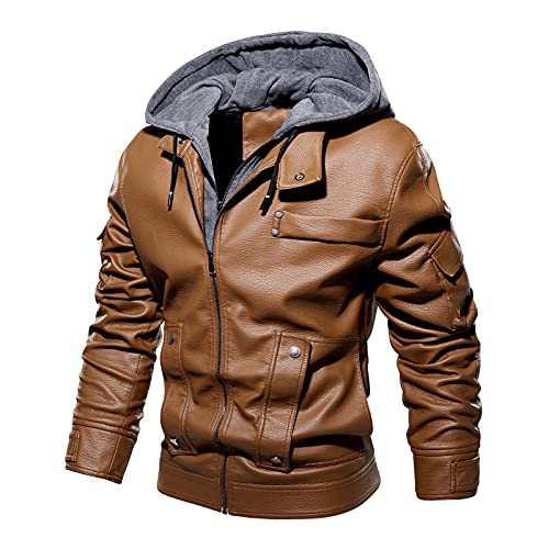 XIAOMEIO Herren Lederjacke Kapuzenjacke Hooded Winterjacke Motorradjacke Kunstleder Hoodie Warm Fleecejacke Vintage Leder Jacke Windbreaker Herbstjacke Windjacke Männer Freizeitjacke M-3XL von XIAOMEIO