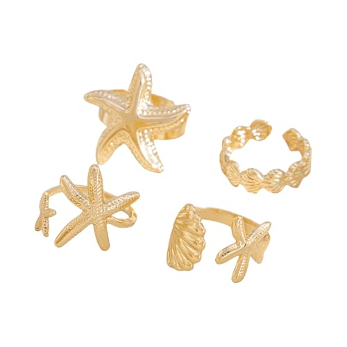 XIAOQENAN 4pcs Hot Day Schmuckset Verstellbarer Marineringe Seestarfishes & Shell Design Damen Modelegierung Ringe Gold Silber Töne Trendige Sommerschmuckzubehör Accessoires von XIAOQENAN
