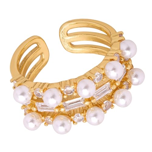 XIAOQENAN Einzigartige Geometrische Ringe Mit Zirkon Und Imitationsperlen Kubikzirkonia Offene Ringe Einstellbarer Öffnungsfingerband Zirkonia Inlay von XIAOQENAN