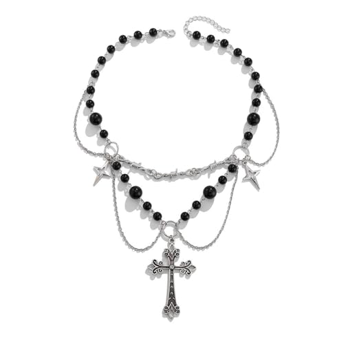 XIAOQENAN Einzigartige Punk-Schleifen-Halskette, kantige Metall-Kreuz-Halskette mit Fransen und Perlen, Verzierungen für trendige Outfits XIAOQENAN Einzigartige Punk-Schleifen-Halskette, kantige Metall-Kreuz-Halskette mit Fransen und Perlen, Verzierungen für trendige Outfits von XIAOQENAN