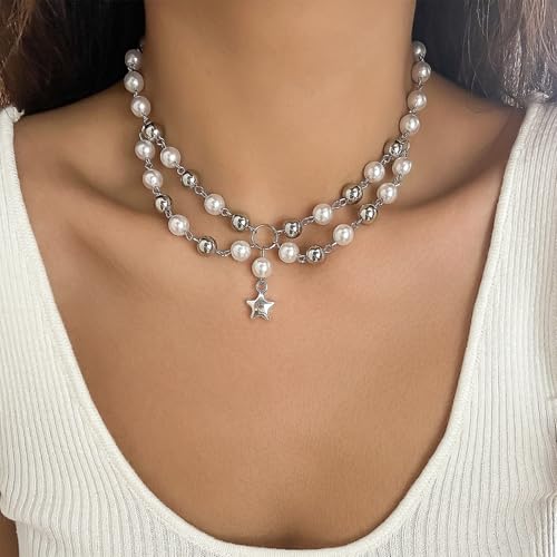 XIAOQENAN Mode Multilayer Star Charme Kragen Halskette Einstellbare Länge Imitation Perlen Schlüsselbein Kettenlegungslegierung Schmuck Geschenke Verstellbare Länge Multilayer Halskette von XIAOQENAN