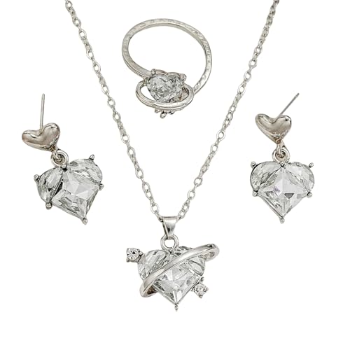 XIAOQENAN Sparkling Drop Ohrringe Anhänger Halskette Eheringe Set Party Schmuck Set Für Braut Und Besondere Anlässe Herzohrringe Geeignet von XIAOQENAN