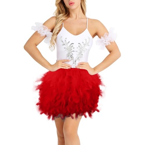 Damen Feder Rock Karnevalkostüm Elastische Taille Party Minirock Tüllrock Karneval Kostüm Damen Festival Outfit Damen Tüllrock Damen Pfau Kostüm Schlanke Hüfte Feder Rock Rock Damen (Red-1, S) von XIAOTUZ