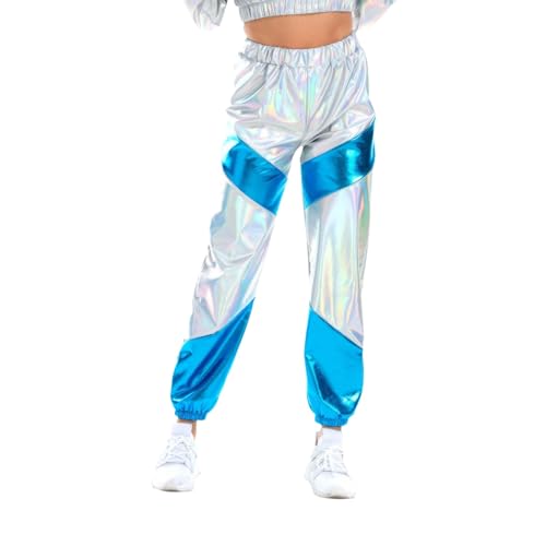 Damen Metallic Glänzed Hose Wetlook Metallic Elastischer Bund Sporthose Locker Freizeit Casual Lang Hose Sweathose Jogginghose Leggins Einfarbig Wet Look Stretch Leggings Tanzhosen (Sky Blue-a, XL) von XIAOTUZ