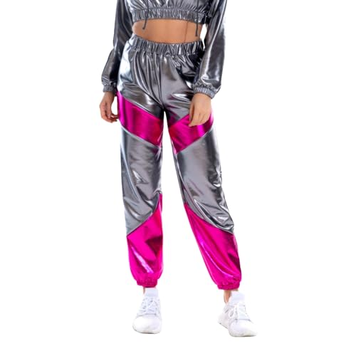 Damen Metallic Hose Glänzend Wetlook Cargohose Sporthose Hologramm Hip Hop Leggings Jogginghose Sweathose Tanzhosen Party Disco Nachtclub Clubwear Hohe Taille Hose Glänzend Wetlook (Grey-a, XXL) von XIAOTUZ