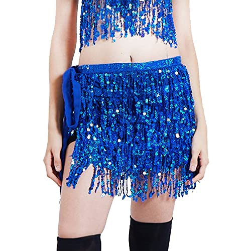 Glitzer Rock Damen Pailletten Quasten Rock Rave Fransenrock Rock für Bauchtanz Hüftschal Festival Outfit für Frauen Mädchen Karneval Kostüm Mini Rock Hüftwickelschal Rave Musik (BU2-1, One Size) von XIAOTUZ