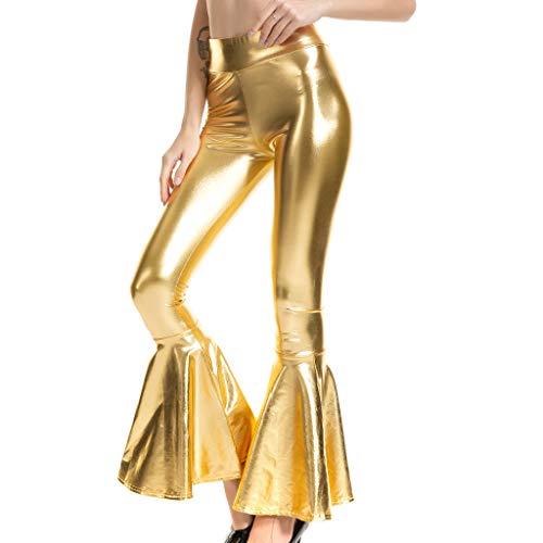 Leggins Silber Metallic Damen Leggins Silber Metallic Damen Glänzende Hose 80er mit Hoher Taille Shiny Leggings Party Tanz Disco Kostüm Karneval Space Kostüm Metallischer Hosen Silber (Gold-B, M) von XIAOTUZ