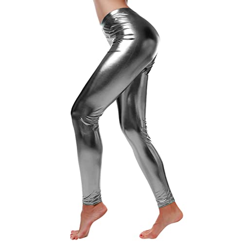 Leggins Silber Metallic Damen Leggins Silber Metallic Damen Glänzende Hose 80er mit Hoher Taille Shiny Leggings Party Tanz Disco Kostüm Karneval Space Kostüm Metallischer Hosen Silber (Grey-A, XXL) von XIAOTUZ