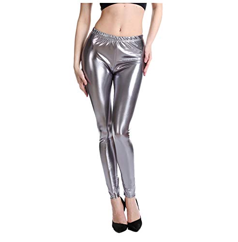 Leggins Silber Metallic Damen Leggins Silber Metallic Damen Glänzende Hose 80er mit Hoher Taille Shiny Leggings Party Tanz Disco Kostüm Karneval Space Kostüm Metallischer Hosen Silber (Silver-C, XXL) von XIAOTUZ