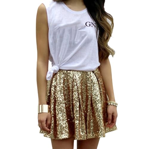 Minirock Damen Glitzer Pailletten Rock Goldener Rock Minirock kurz Mini Rock Faltenrock Tanz Rock Faltenrock Stilvoll Glitzer Rock Karneval Rock Hohe Taille Metallischer Mini Glocken Rock Petticoat von XIAOTUZ