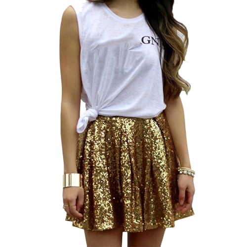 Minirock Damen Glitzer Pailletten Rock Goldener Rock Minirock kurz Mini Rock Faltenrock Tanz Rock Faltenrock Stilvoll Glitzer Rock Karneval Rock Hohe Taille Metallischer Mini Glocken Rock Petticoat von XIAOTUZ