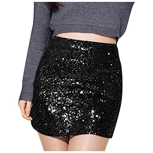 Pailettenrock Für Damen Minirock Glitzer Pailletten Rock Goldener Rock Minirock Mini Rock Faltenrock Tanz Rock Stilvoll Glitzer Rock Karneval Rock Hohe Taille Metallischer Mini Glocken (D-Black, XL) von XIAOTUZ