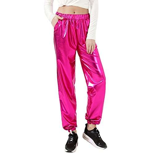 Silvester Outfit Damen Metallic Glänzed Hose Elastischer Bund Sporthose Locker Freizeit Casual Lang Hose Sweathose Jogginghose Leggins Einfarbig Wet Look Stretch Leggings Tanzhosen Party (Red-C, M) von XIAOTUZ