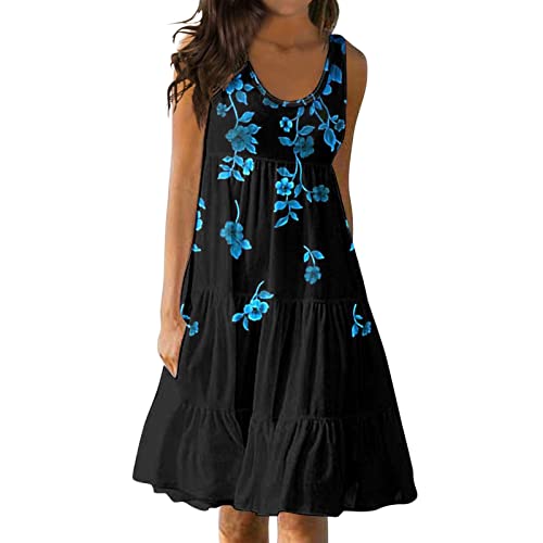 Sommerkleid Damen Knielang Ärmellos Kleider Sexy Elegant Kleid Boho Strandkleider Festlich Kleider Damen Kurz Lässiges Leichte Sommerkleider für Damen Kleider Sommer Blummenmuster A-Linie (5-Black, L) von XIAOTUZ