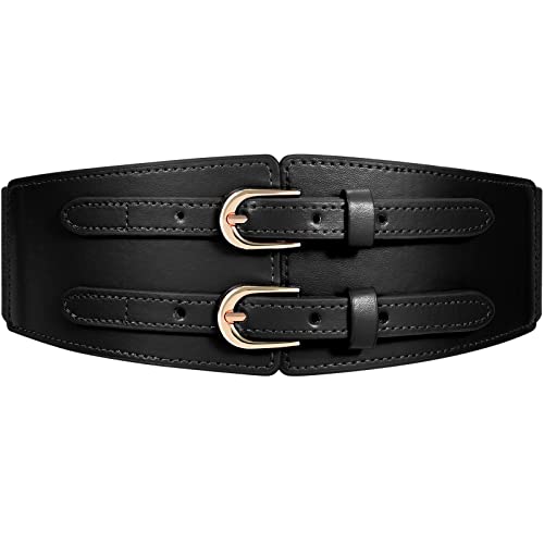 XIAOWU Damen Taillengürtel Elastisch Breit - Stretchgürtel mit Goldner Schnalle - Für Kleider in Schwarz/Rot - Bequemer Bund mit Stretchfunktion von XIAOWU