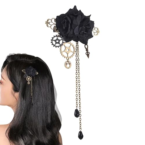 XIAOXIAOYU Modische Haarspangen, Blumen-Haarspangen, einzigartige Vintage-Steampunk-Haarspange mit Quasten, Gothic-Blume und Zahnrad-Brosche für Frauen von XIAOXIAOYU