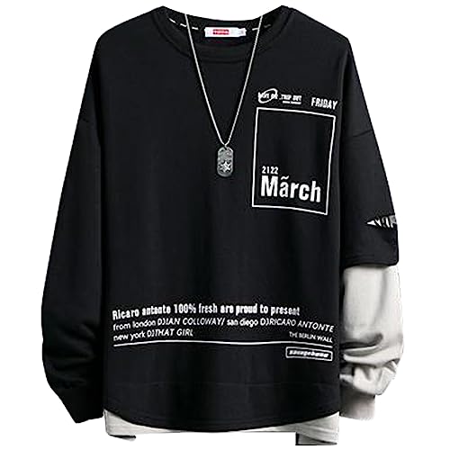 XIAOYAO Herren Pullover Sweatshirt Oversized, Briefdruck Lange Ärmel Rundhals Hoodie Pullover Spleißen von gefälschten Zwei Stücken (L, Schwarz) von XIAOYAO