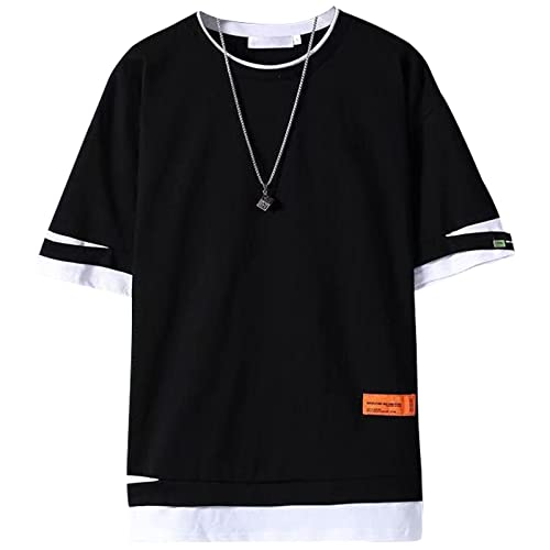 XIAOYAO Herren-T-Shirt, Falsches Zweiteiliges Unifarben Rundhalsausschnitt Straße T-Shirts Tops (M, Schwarz) von XIAOYAO