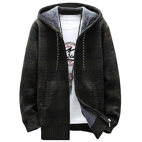 XIAOYAO Kapuzen-Sweatshirt für Herren, Karierte Strickjacke Full Zip Kapuzenpullover Thick Warme(2XL, Armeegrün) von XIAOYAO