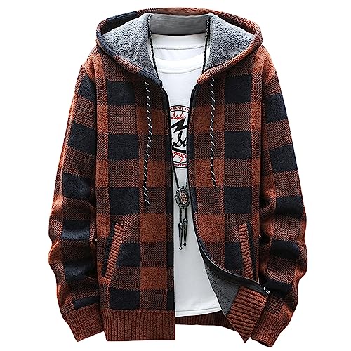 XIAOYAO Kapuzen-Sweatshirt für Herren, Karierte Strickjacke Full Zip Kapuzenpullover Thick Warme(L, Braun) von XIAOYAO