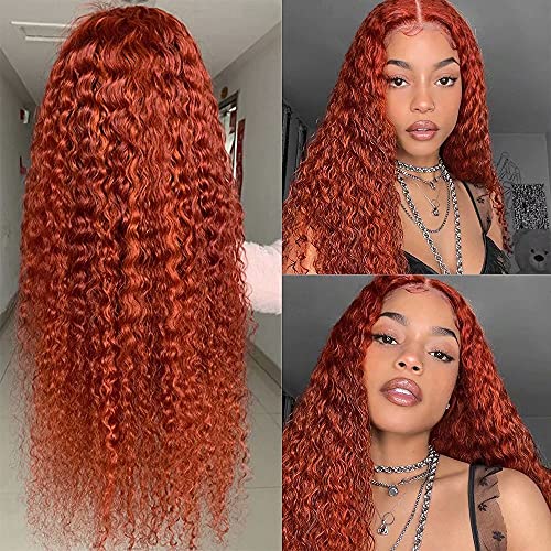 2024 Perücke, Orange-Ingwer-Lace-Front-Perücke, vorgezupft, 13 x 6 tiefer Teil, HD-transparente Lace-Front-Perücke aus lockigem Echthaar for Frauen, 150% Dichte, leimlose brasilianische rotbraune Haa von XIAOYIWIN