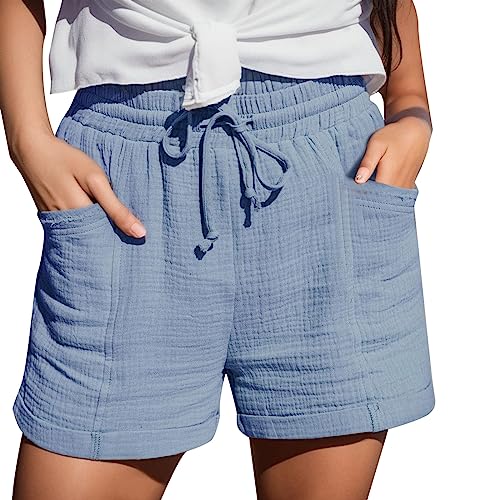 Kurze Hosen Damen Sommer Shorts Leicht Luftige Leinenshorts Musselin Shorts Baumwoll Stoff Schlaf Shorts Lässige Lockere Leinen Shorts mit Kordelzug Kurze Hose mit Taschen Gummiband Shorts Stoffhose von XIAOYUER