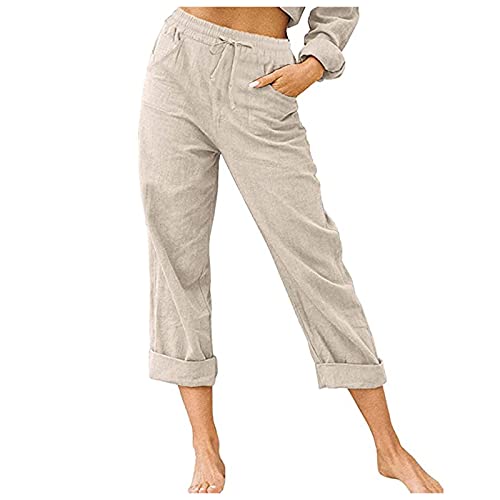 Leinenhose Damen Sommerhose Damen Leicht Caprihose 3/4 Hose Sommer Capri Stoffhose Elegant Luftige -Hosen Einfarbig Jogginghose Yogahose Mit Gummizug Strandhosen Haremshosen Freizeithose Sporthose von XIAOYUER