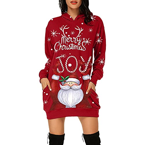 XIAOYUER Damen Weihnachtspullover Kleid Hoodie Langarm Sweatshirts Kapuzenpullover Tops Mini Pullover Kleid Weihnachtskleid Weihnachten Blusenkleider Herbst Winter Schmaler Rock von XIAOYUER