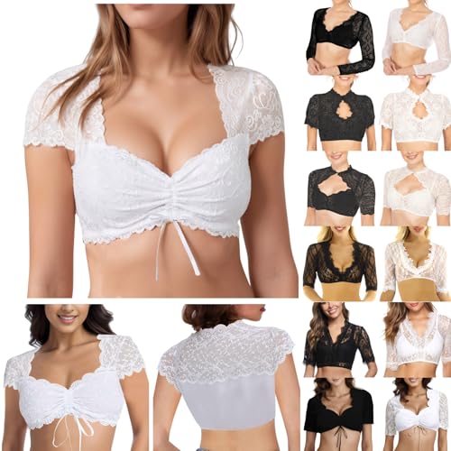 XIAOYUER Dirndlbluse Damen Spitze Trachtenbluse Dirndl Bluse V Ausschnitt Kurzarm Spitze Tracht Bluse Weiß Schwarz Elegante Halbarm Bluse Oktoberfest Kostüm Dirndlblusen Spitzenbluse Damen Elegant von XIAOYUER