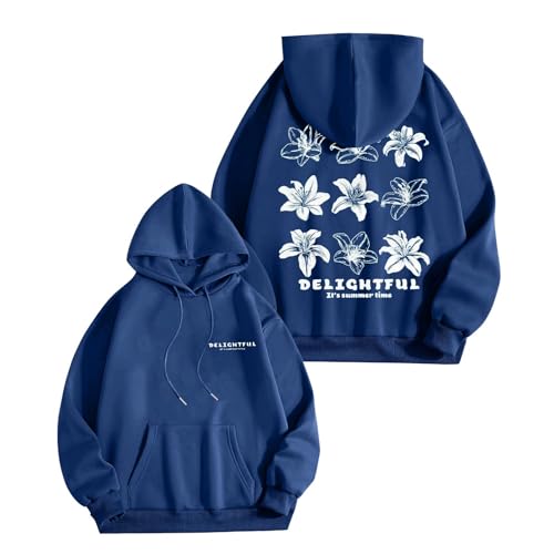XIAOYUER Hoodie Damen Oversize Blumen Backprint Briefe Drucken Sweatshirt Kapuzenpullover Kuschelig Leicht Mantel mit Tasche Tops Streetwear Basic Locker Sport Hoody Bequeme Tops von XIAOYUER