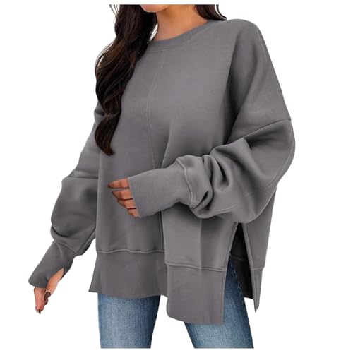 XIAOYUER Sweatshirt Damen Oversize Rundhalsausschnitt Übergroßes Pullover Lockere Casual Langarmshirt mit seitlichem Schlitz Basic Oberteile Pulli Outdoor Fitness Training Leicht Mantel von XIAOYUER