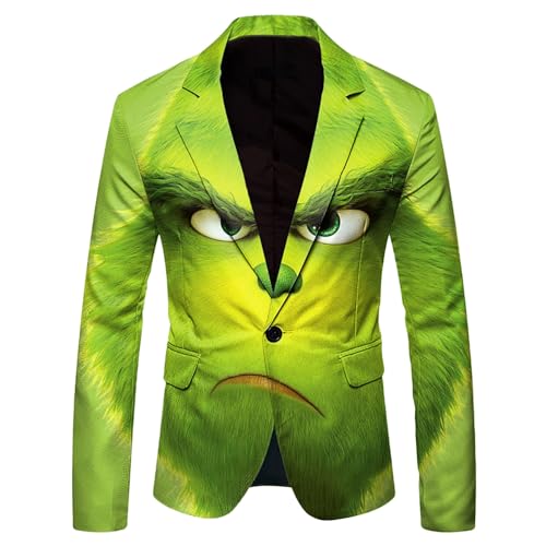 XIAOYUER Weihnachten Sakko Herren Weihnachtsblazer Grüner Grinch Bedruckte Langarm Anzugjacke Xmas Kostüm Blazer Slim Fit Blazer Freizeit Sakkos Grinch Kostüm Festlich Sportsakko von XIAOYUER