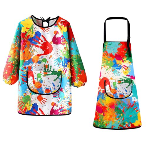 XIAQICA 2 Stück Malschürze Kinder Bastelkittel Malerkittel 7-12 Jahre Mädchen/Junge Wasserdicht Malschürze Bastelschürze Malkittel Kinder mit Big Taschen für Malen Kunst Kochen von XIAQICA