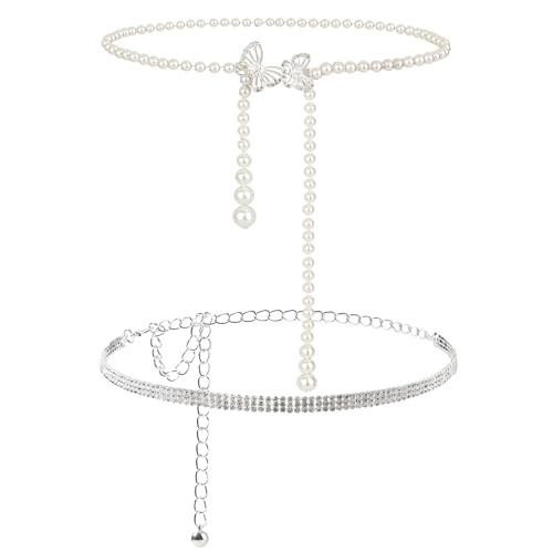 XIAQICA 2 Taillenkette Verstellbarer für Damen Silber Strass Kettengürtel + Perle Schmetterling Taillengürtel Glitzer Gürtel Glitzergürtel Damen Gürtel Mode Taillengürtel für Abendkleid Kleider(110cm) von XIAQICA