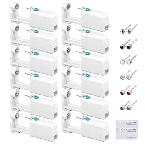 XIAQICA Ohrlochpistole 12 Stück Ohrloch Stecher Set Ohrringe Pistole Piercing Sets mit Baumwolle Reinigen, Sicher und Tragbar für Mädchen, Frauen und Männer Selbst Piercing von XIAQICA