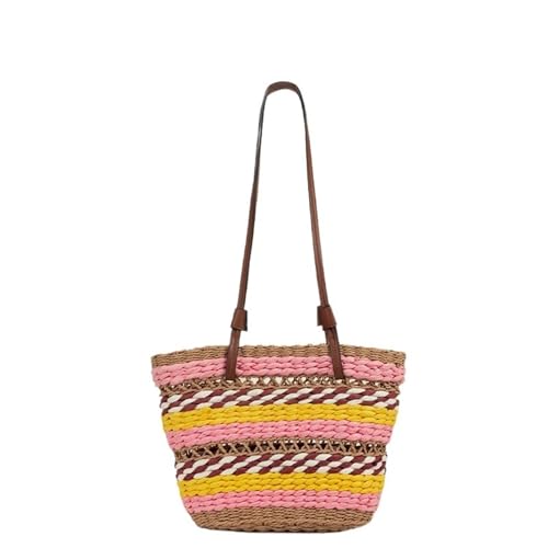 XIAQIQIFFF Gestreifte Stroh Damen Tote Leichte Strand Sommer Urlaub Schulter Handtasche(Pink) von XIAQIQIFFF